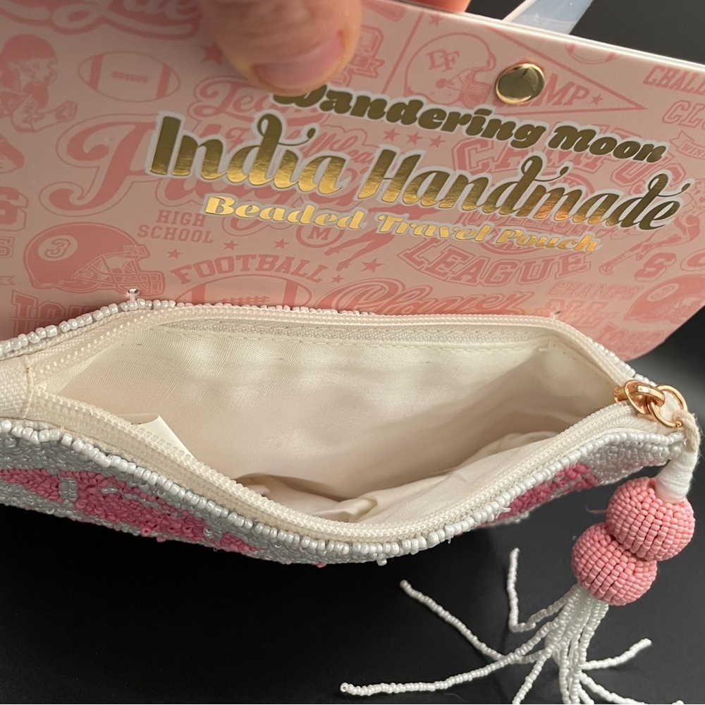 Wandering Moon Pink Football Beaded Travel Pouch Coin Purse Handmade in India - Picture 5 of 5